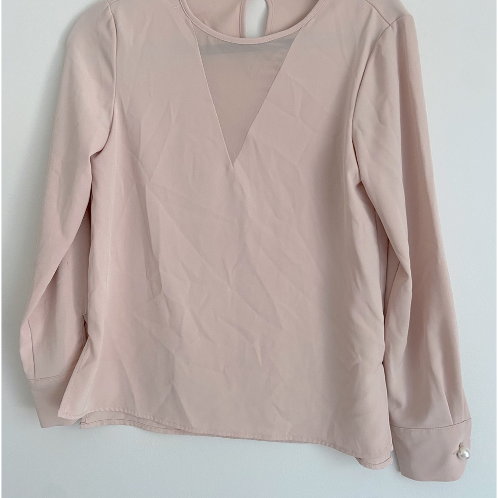 Zara basic blush blouse with Pearl button sleeve and mesh v neck panel
